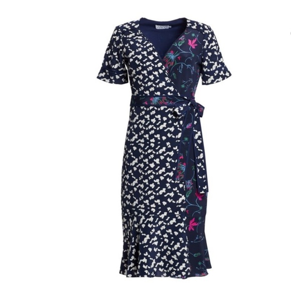 TANYA TAYLOR Luisa Mixed Print 100% Silk Wrap Dress Sz 6 Navy Pink - Picture 11 of 16